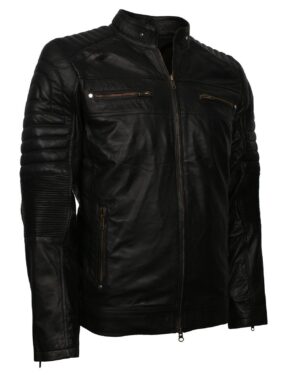 Men's Black Cafe Racer Genuine Leather Biker Jacket