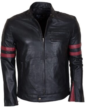 Men's Black Red Stripes Genuine Leather Biker Jacket