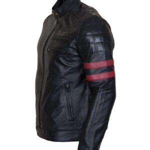 Men's Black Red Stripes Genuine Leather Biker Jacket
