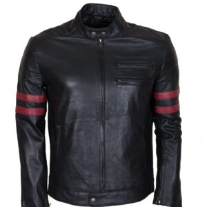 Men's Black Red Stripes Genuine Leather Biker Jacket