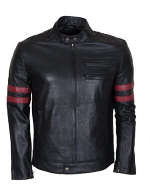 Men's Black Red Stripes Genuine Leather Biker Jacket