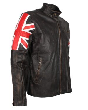Men's Brown Union Jack British Flag Distressed Leather Jacket