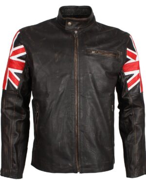 Men's Brown Union Jack British Flag Distressed Leather Jacket