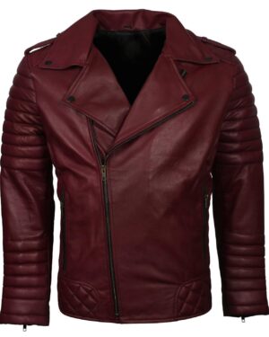 Men's Biker Leather Jacket in Black White Maroon