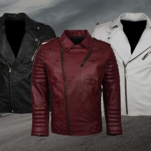 Men's Biker Leather Jacket in Black White Maroon