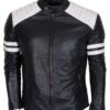 Men's Biker Fashion Black White Padded Genuine Leather Jacket