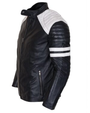 Men's Biker Fashion Black White Padded Genuine Leather Jacket