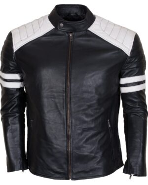 Men's Biker Fashion Black White Padded Genuine Leather Jacket