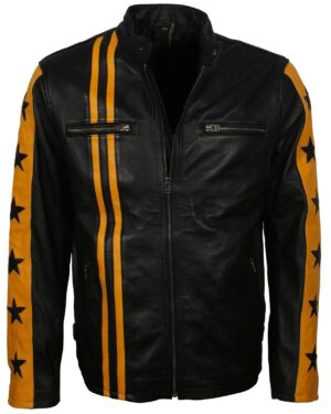Men's Black and Yellow Leather Jacket with Stars and Stripes