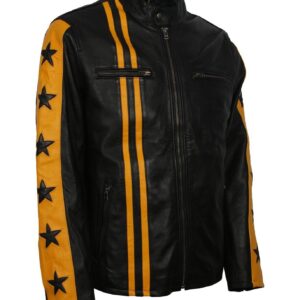 Men's Black and Yellow Leather Jacket with Stars and Stripes