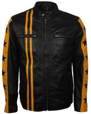 Men's Black and Yellow Leather Jacket with Stars and Stripes