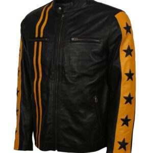Men's Black and Yellow Leather Jacket with Stars and Stripes