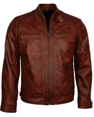 Men's Brown Diamond Quilted Genuine Leather Cafe Racer Jacket