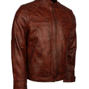 Men's Brown Diamond Quilted Genuine Leather Cafe Racer Jacket