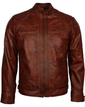 Men's Brown Diamond Quilted Genuine Leather Cafe Racer Jacket