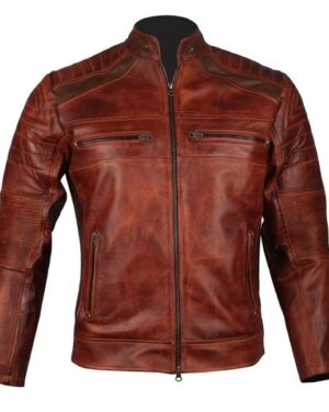 Men's Brown Waxed Cafe Racer Leather Motorcycle Jacket