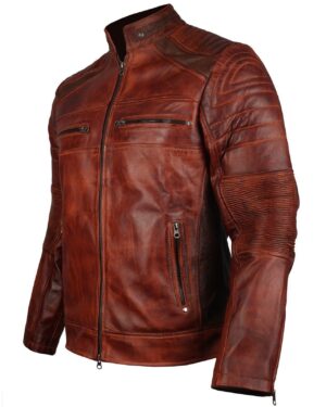 Men's Brown Waxed Cafe Racer Leather Motorcycle Jacket