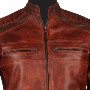 Men's Brown Waxed Cafe Racer Leather Motorcycle Jacket