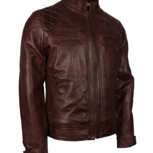 Men's Dark Brown Diamond Quilted Genuine Leather Motorcycle Jacket