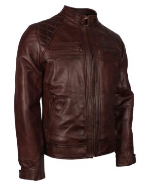 Men's Dark Brown Diamond Quilted Genuine Leather Motorcycle Jacket