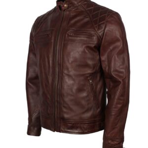 Men's Dark Brown Diamond Quilted Genuine Leather Motorcycle Jacket