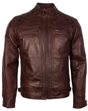 Men's Dark Brown Diamond Quilted Genuine Leather Motorcycle Jacket