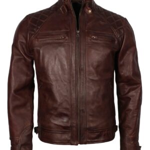Men's Dark Brown Diamond Quilted Genuine Leather Motorcycle Jacket