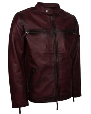 Men's Maroon Waxed Genuine Leather Casual Motorcycle Jacket