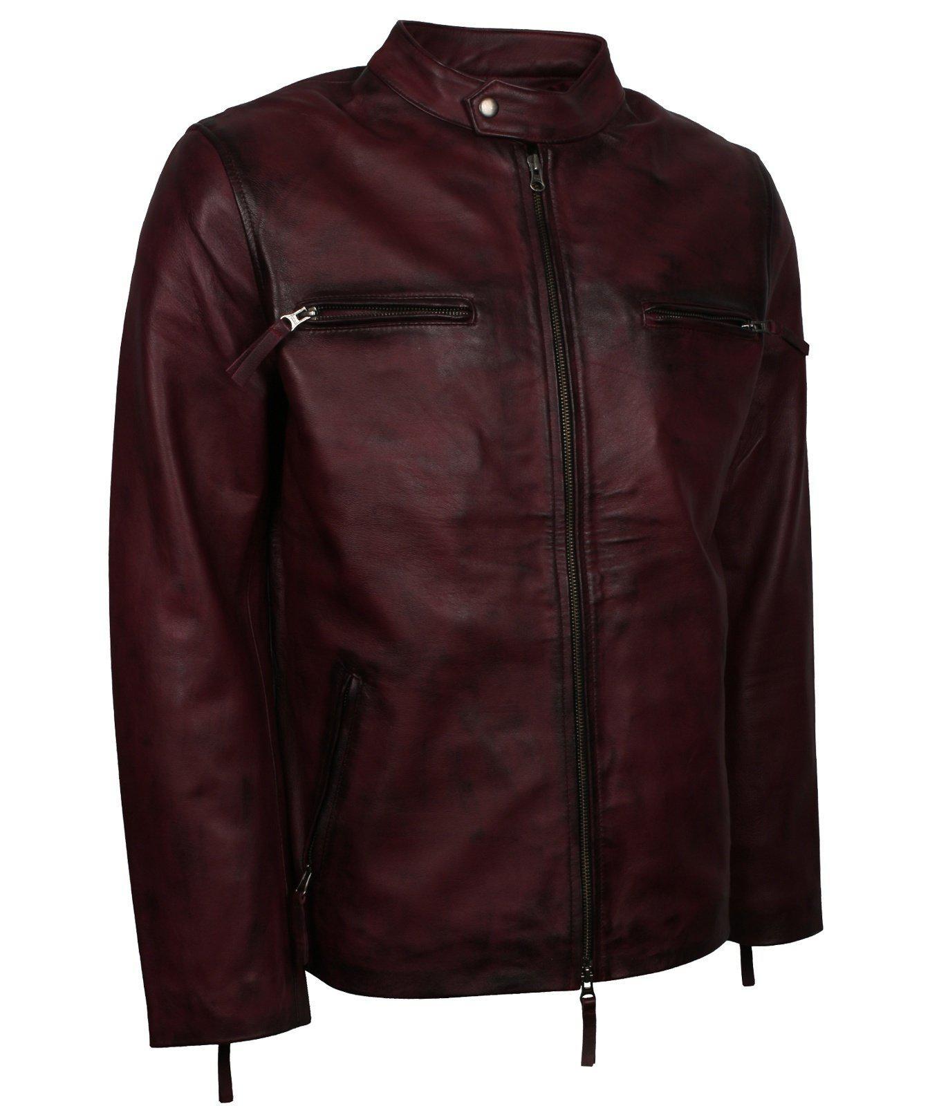 Men's Maroon Waxed Genuine Leather Casual Motorcycle Jacket