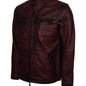Men's Maroon Waxed Genuine Leather Casual Motorcycle Jacket