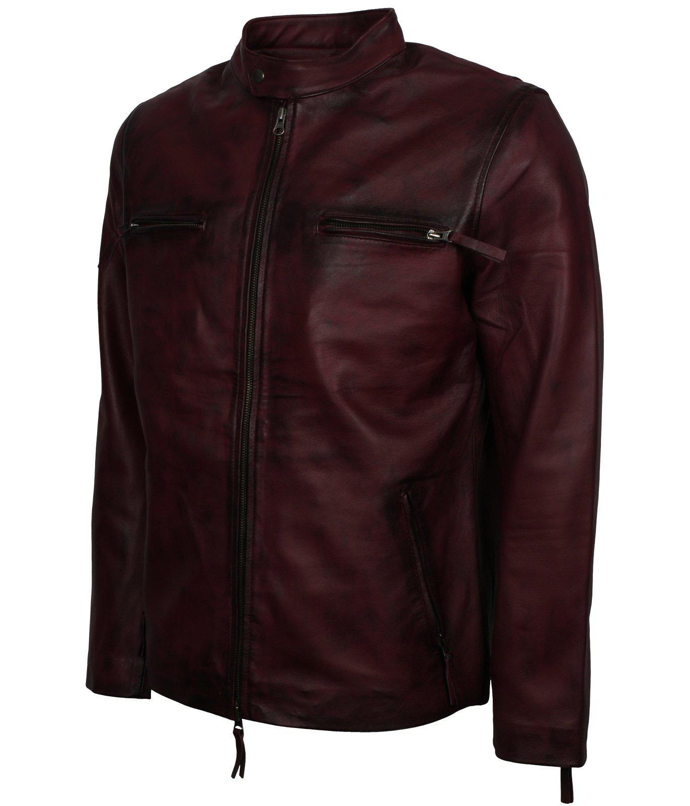 Men's Maroon Waxed Genuine Leather Casual Motorcycle Jacket