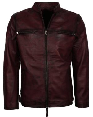 Men's Maroon Waxed Genuine Leather Casual Motorcycle Jacket