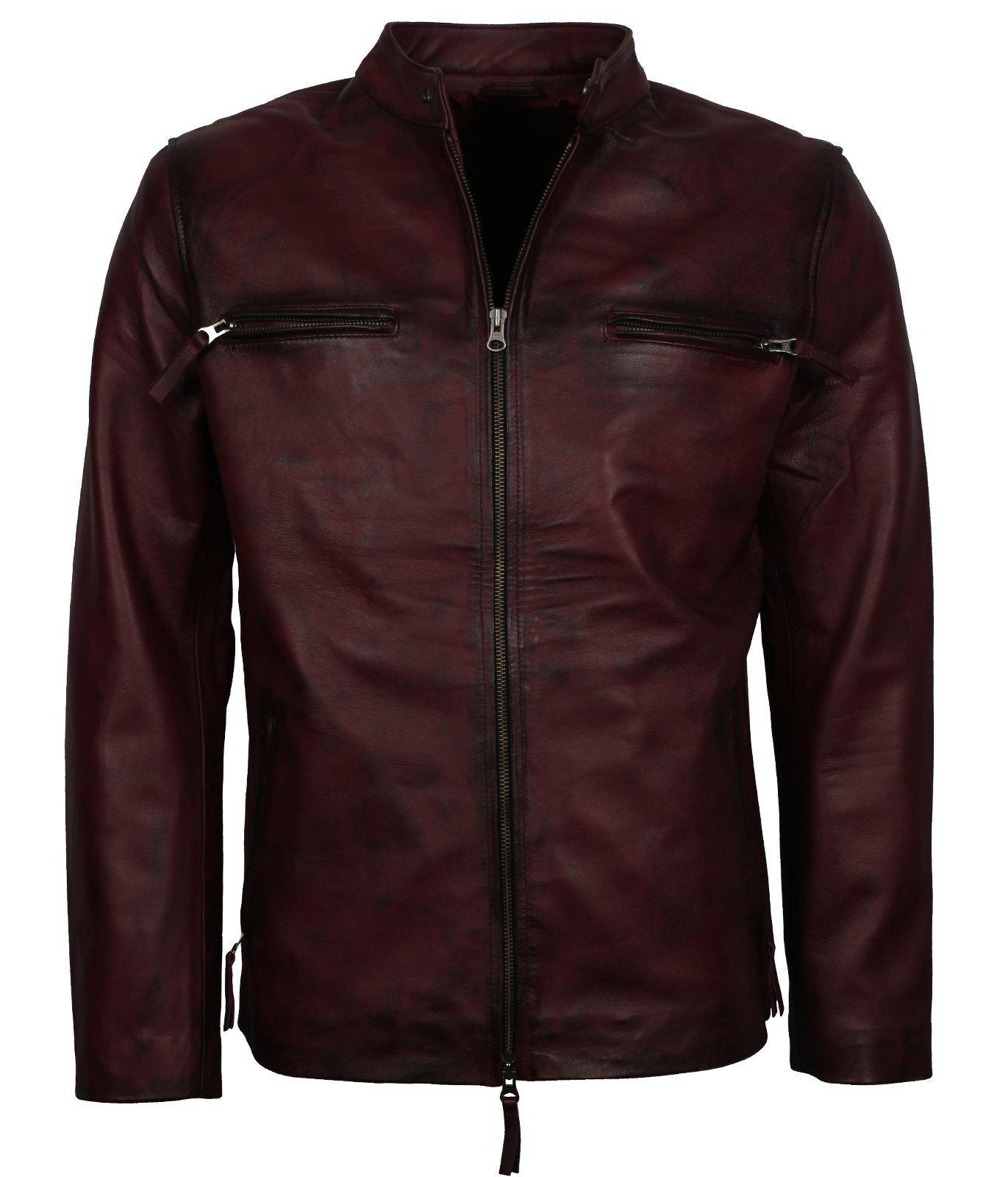 Men's Maroon Waxed Genuine Leather Casual Motorcycle Jacket