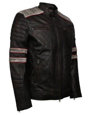 Men's Distressed Patched Black Genuine Leather Jacket