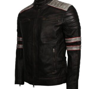 Men's Distressed Patched Black Genuine Leather Jacket