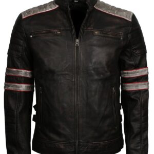 Men's Distressed Patched Black Genuine Leather Jacket