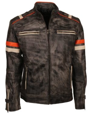 Men's Retro Vintage Genuine Leather Grey Distressed Biker Jacket