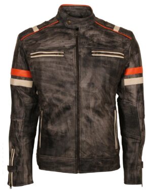 Men's Retro Vintage Genuine Leather Grey Distressed Biker Jacket