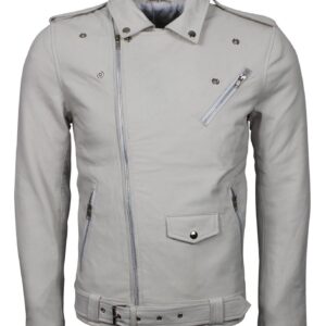 Men's White Classic Rocker Genuine Leather Motorcycle Jacket