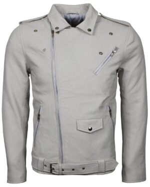 Men's White Classic Rocker Genuine Leather Motorcycle Jacket