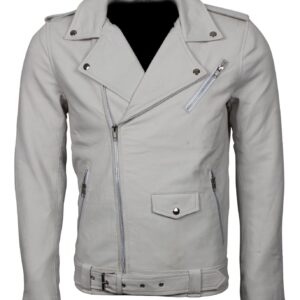 Men's White Classic Rocker Genuine Leather Motorcycle Jacket