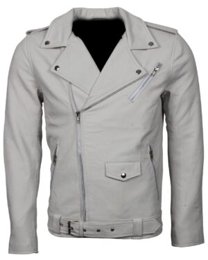 Men's White Classic Rocker Genuine Leather Motorcycle Jacket