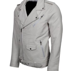 Men's White Classic Rocker Genuine Leather Motorcycle Jacket