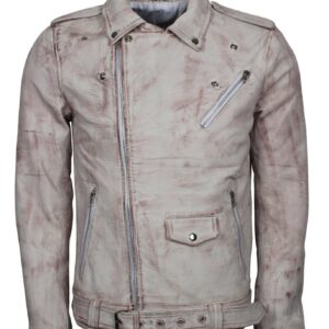 Men's White Classic Rocker Waxed Genuine Leather Motorcycle Jacket
