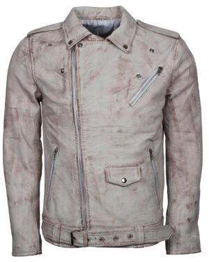 Men's White Classic Rocker Waxed Genuine Leather Motorcycle Jacket
