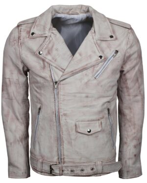 Men's White Classic Rocker Waxed Genuine Leather Motorcycle Jacket