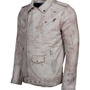 Men's White Classic Rocker Waxed Genuine Leather Motorcycle Jacket