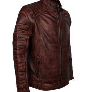Men's Dark Brown Padded Waxed Genuine Leather Motorcycle Jacket