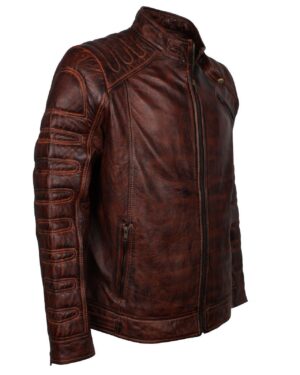 Men's Dark Brown Padded Waxed Genuine Leather Motorcycle Jacket