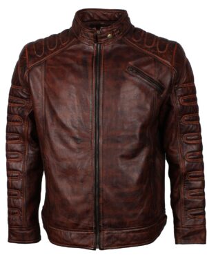 Men's Dark Brown Padded Waxed Genuine Leather Motorcycle Jacket